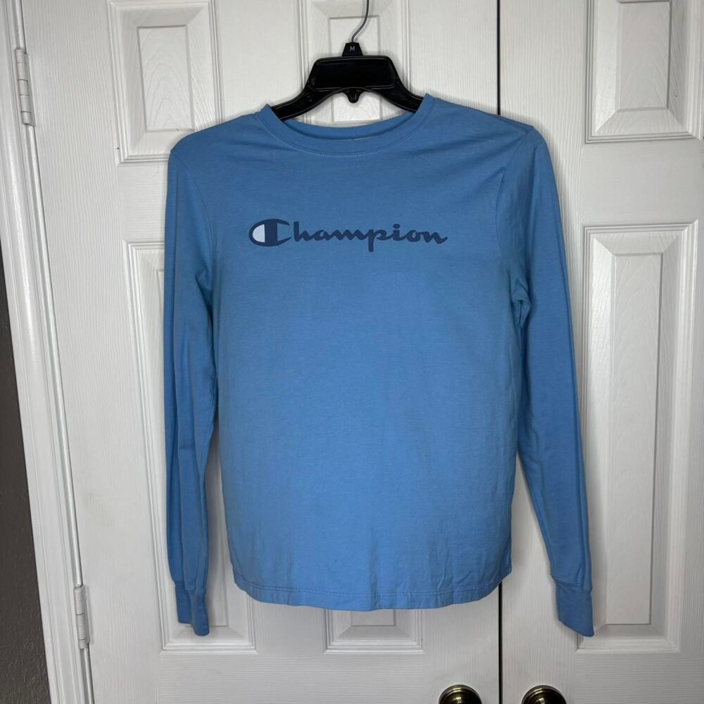 Champion Medium Long Sleeve Blue Logo Tee Authentic Athleisure Crewneck